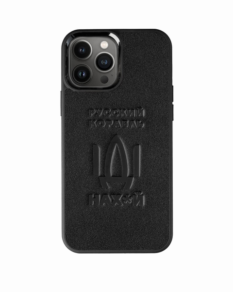 Чехол для iPhone 13 Kartell із чорної шкіри купон з тисненням (Русский корабль)