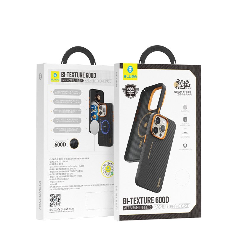 Чохол для iPhone 14 Pro Blueo Air Bitexture Slim Aramid Fiber Case 600D with MagSafe (Black-Orange) B48-I14P