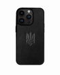 Чехол для iPhone 14 Pro Kartell із чорної шкіри купон з тисненням (Герб України)