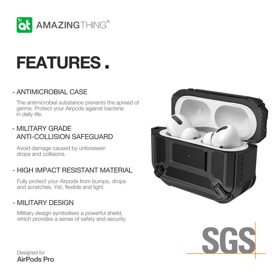 Чохол для AirPods Pro AmazingThing Anti-Bacterial Protection MIL Drop proof Case (Carbon Black) ATMILAPDPRBLK