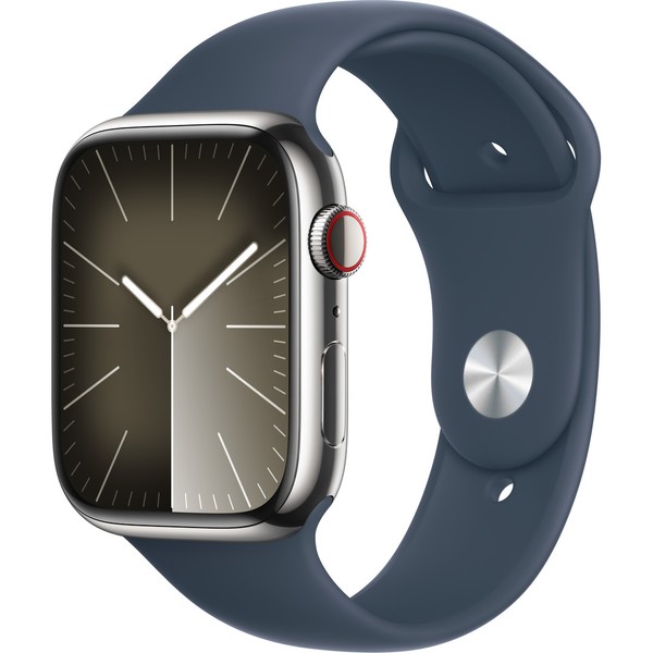 Apple Watch Series 9 GPS + Cellular 45mm Silver Stainless Steel Case w. Storm Blue Sport Band - S/M (MRMN3)