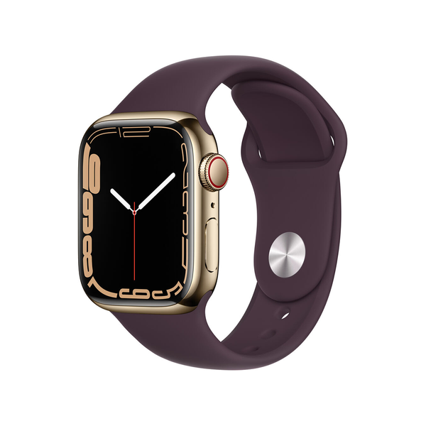 USED Apple Watch Series 7 GPS + LTE 41mm Gold Stainless Steel Case with Dark Cherry Sport Band (MKHG3)