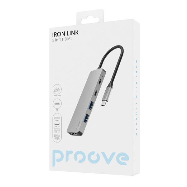 Хаб Proove Iron Link 5in1 (2xType-C + 2xUSB3.0 + HDMI) Silver (HBIL00222024)