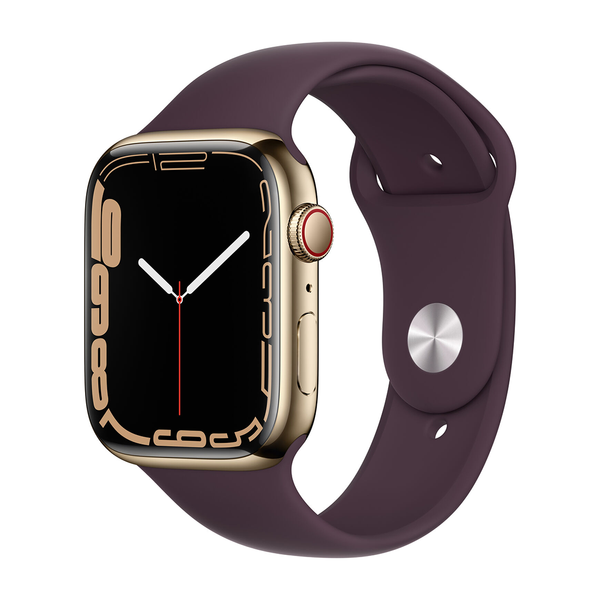 USED Apple Watch Series 7 GPS + LTE 45mm Gold Stainless Steel Case with Dark Cherry Sport Band (MKJX3)