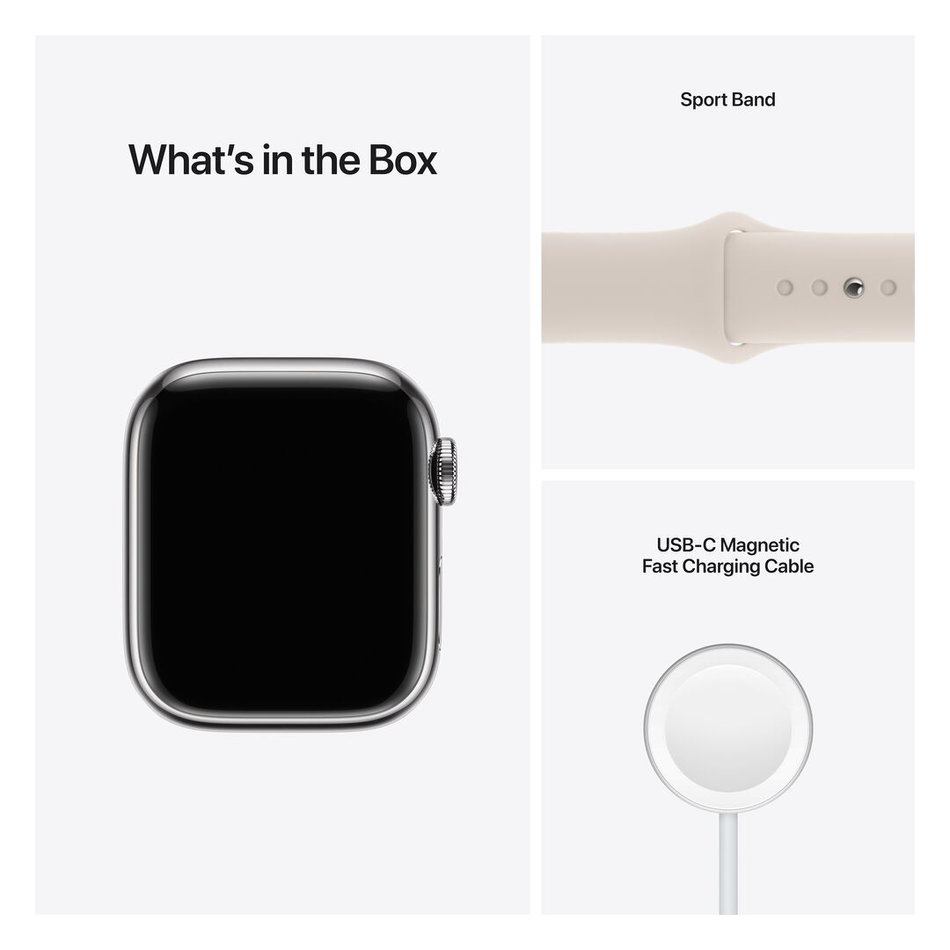 Apple Watch Series 7 GPS + LTE 41mm Silver Stainless Steel Case with Starlight Sport Band (MKHW3)