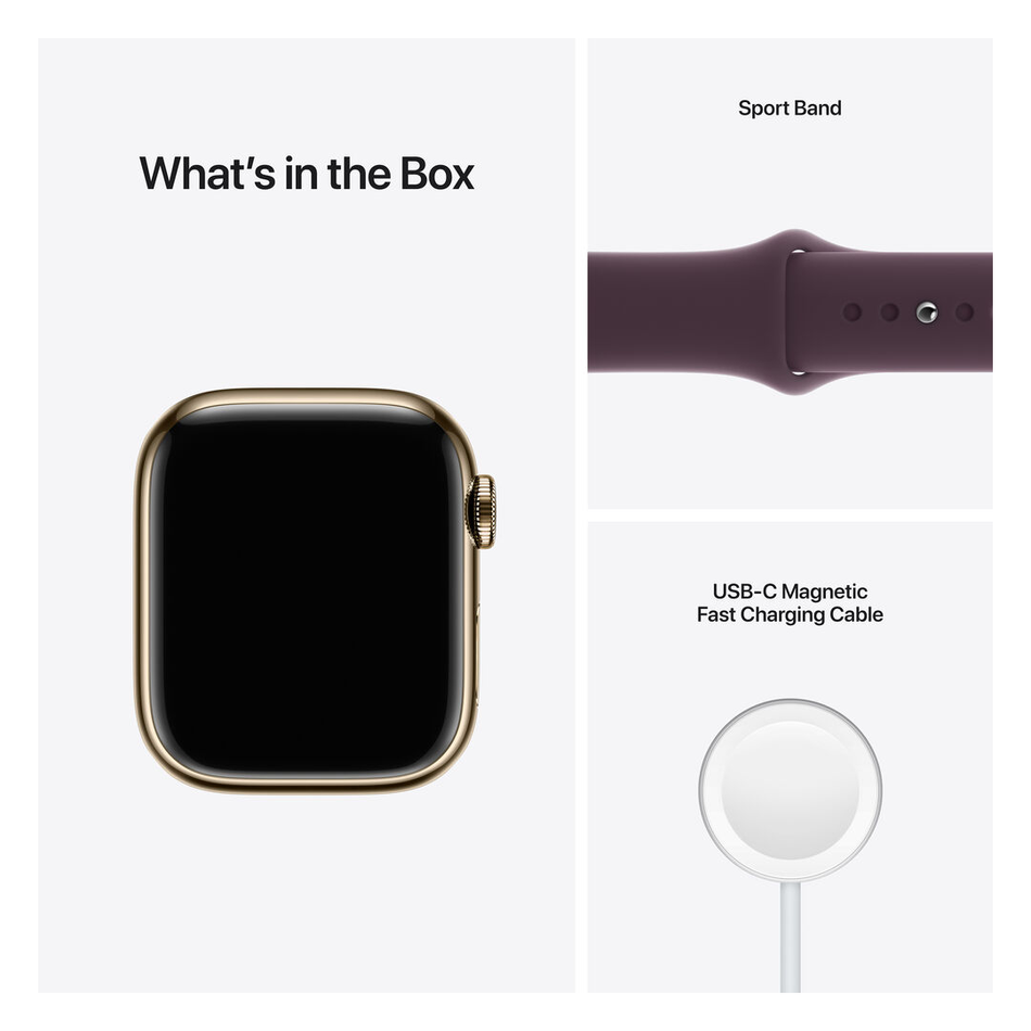 Apple Watch Series 7 GPS + LTE 41mm Gold Stainless Steel Case with Dark Cherry Sport Band (MKHG3)