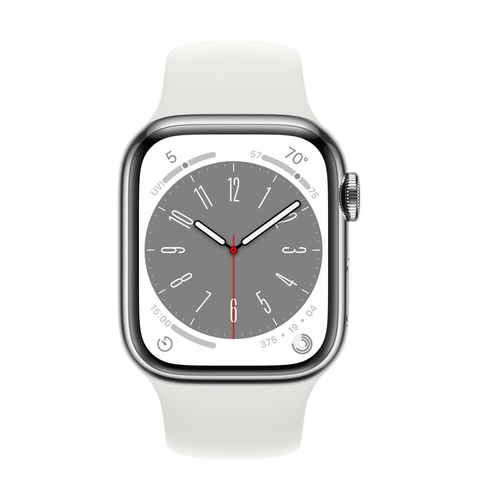 Apple Watch Series 8 GPS + Cellular 41mm Silver Stainless Steel Case w. White S. Band (MNJ53)