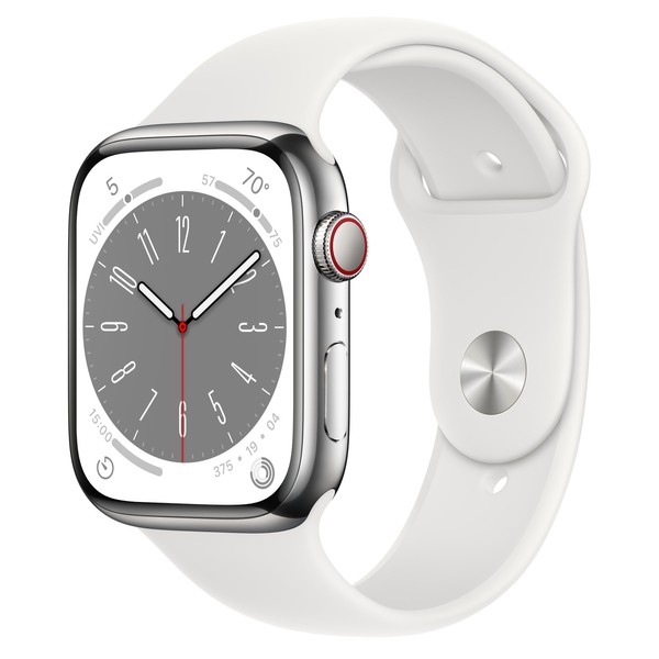 Apple Watch Series 8 GPS + Cellular 45mm Silver Stainless Steel Case w. White S. Band (MNKE3)