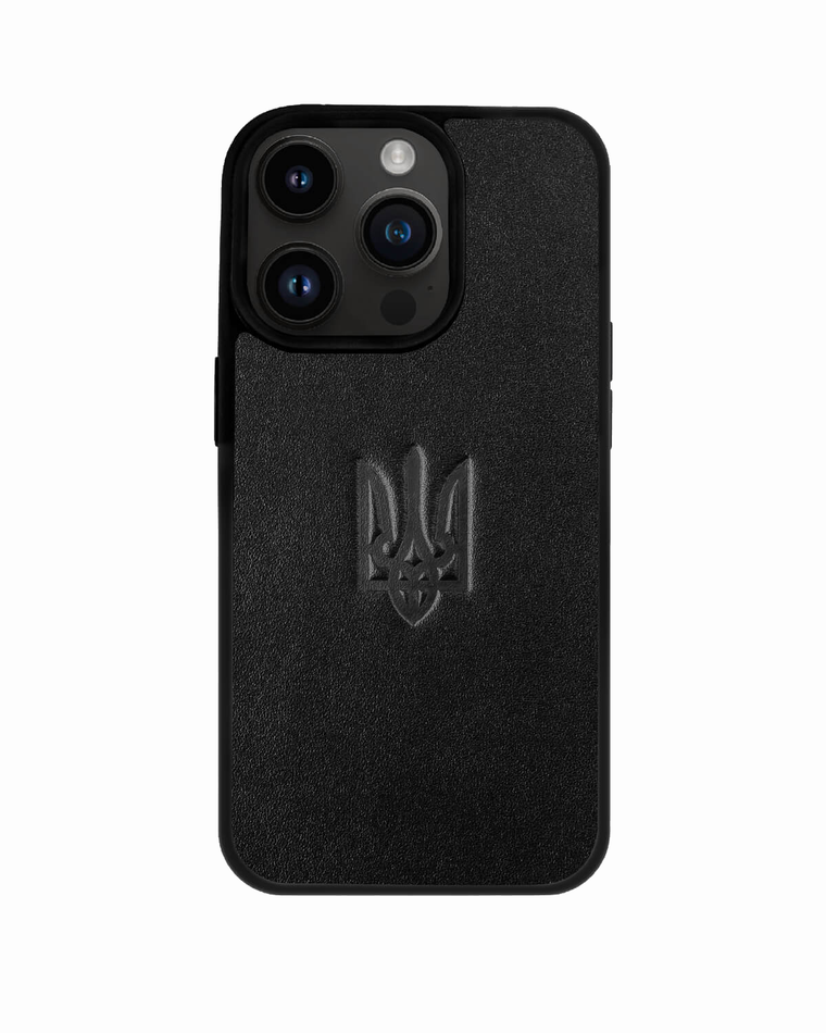 Чехол для iPhone 13 Pro Max Kartell із чорної шкіри купон з тисненням (Герб України)