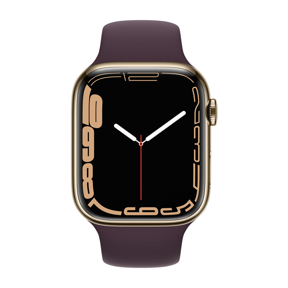 Apple Watch Series 7 GPS + LTE 45mm Gold Stainless Steel Case with Dark Cherry Sport Band (MKJX3)