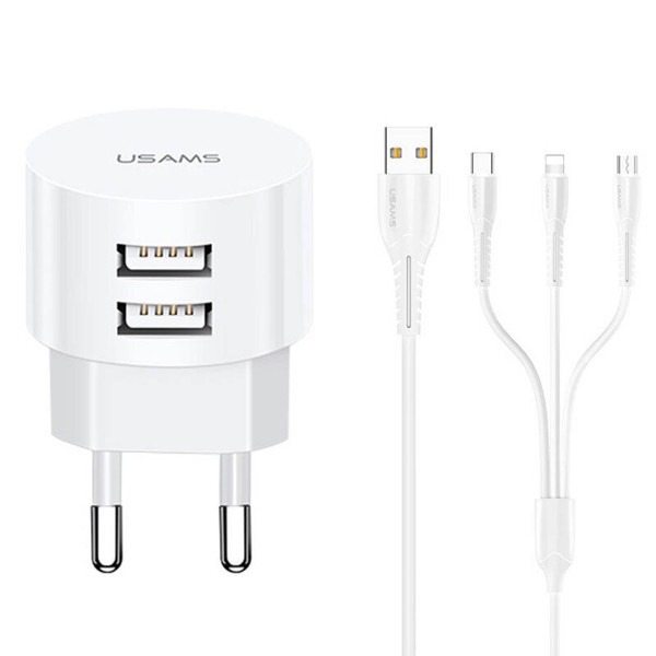 МЗП + USB шнур Usams T20 Dual USB Round Travel Charger (EU) + U35 3in1 Charging Cable ( White ) White (006761)