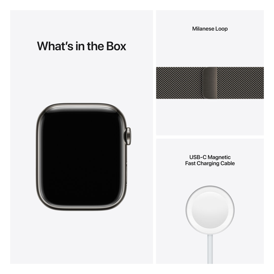 Apple Watch Series 7 GPS + LTE 45mm Graphite Stainless Steel Case with Graphite Milanese Loop (MKJJ3)