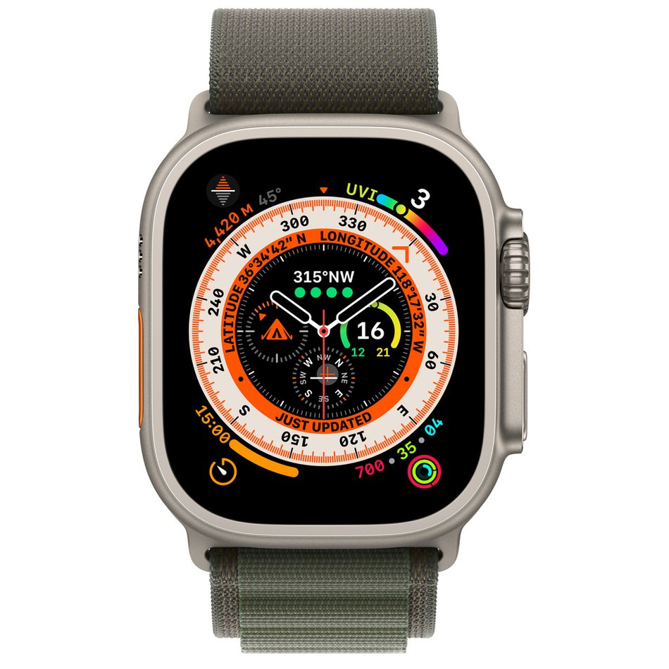 Apple Watch Ultra GPS + LTE 49mm Titanium Case with Green Alpine Loop Medium (MQFN3)