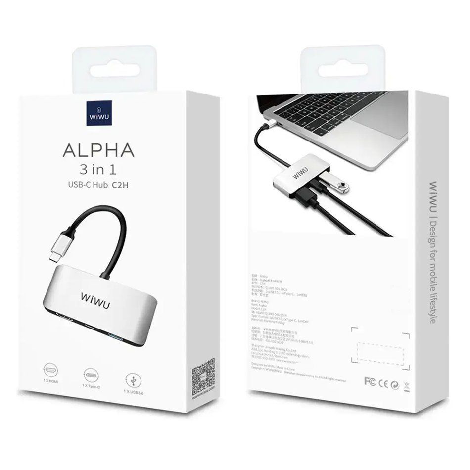 Адаптер WIWU Alpha C2H Type-C hub HDMI 4K, Type-C, USB3.0 (Gray)