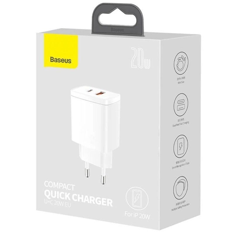 СЗУ Baseus Compact Quick Charger 20W QC+ PD (Type-C + 1USB) (White) (CCXJ-B)