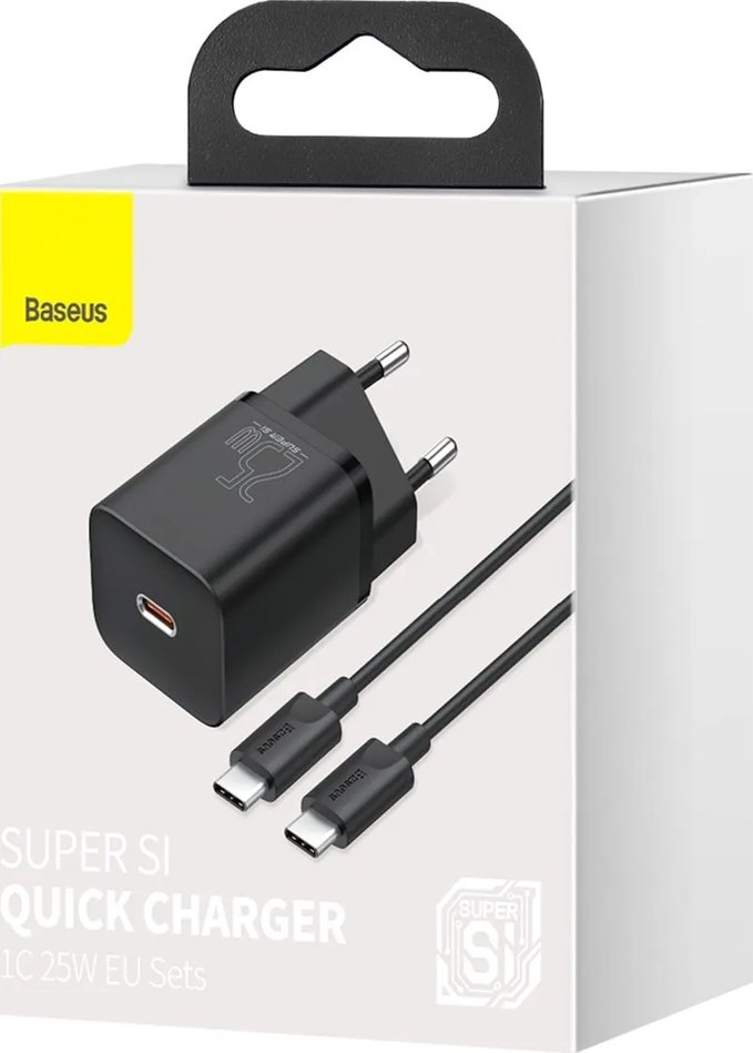 СЗУ Baseus Super Si Quick Charger 1C 25W EU Sets (with Mini White Cable Type-C to Type-C 3A 1m Black) TZCCSUP-L01 Black