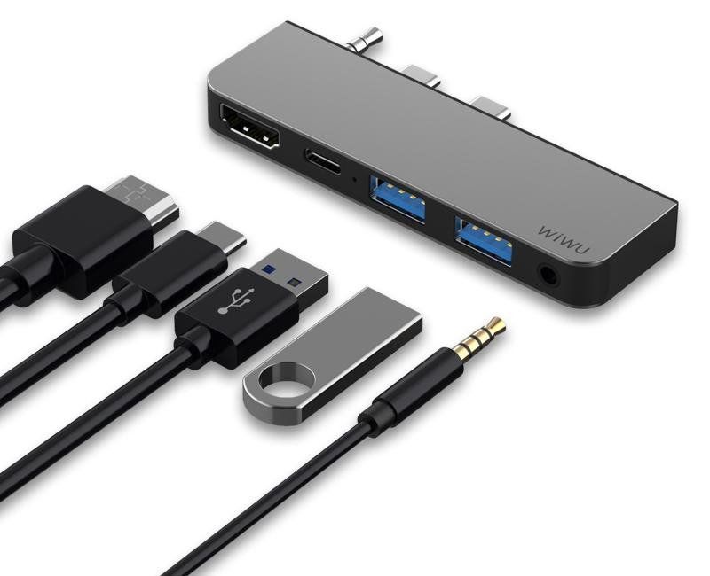 Адаптер WIWU Alpha M X Pro для Huawei MateBook X Pro 5in1 USB-C to 2xUSB3.0+USB-C+ HDMI+3.5mm ( Gray )