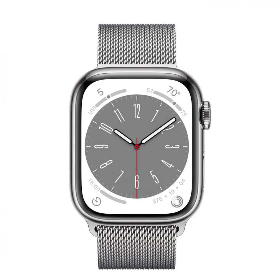 Apple Watch Series 8 GPS + Cellular 41mm Silver Stainless Steel Case w. Milanese Loop Silver (MNJ73, MNJ83)