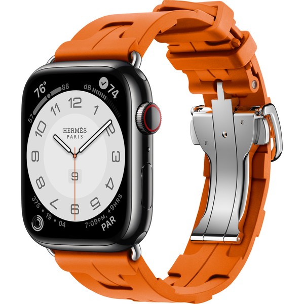 Apple Watch Hermès Series 9 GPS + Cellular 45mm Space Black Stainless Steel Case with Orange Kilim Single Tour (MRQQ3+MTJ03)